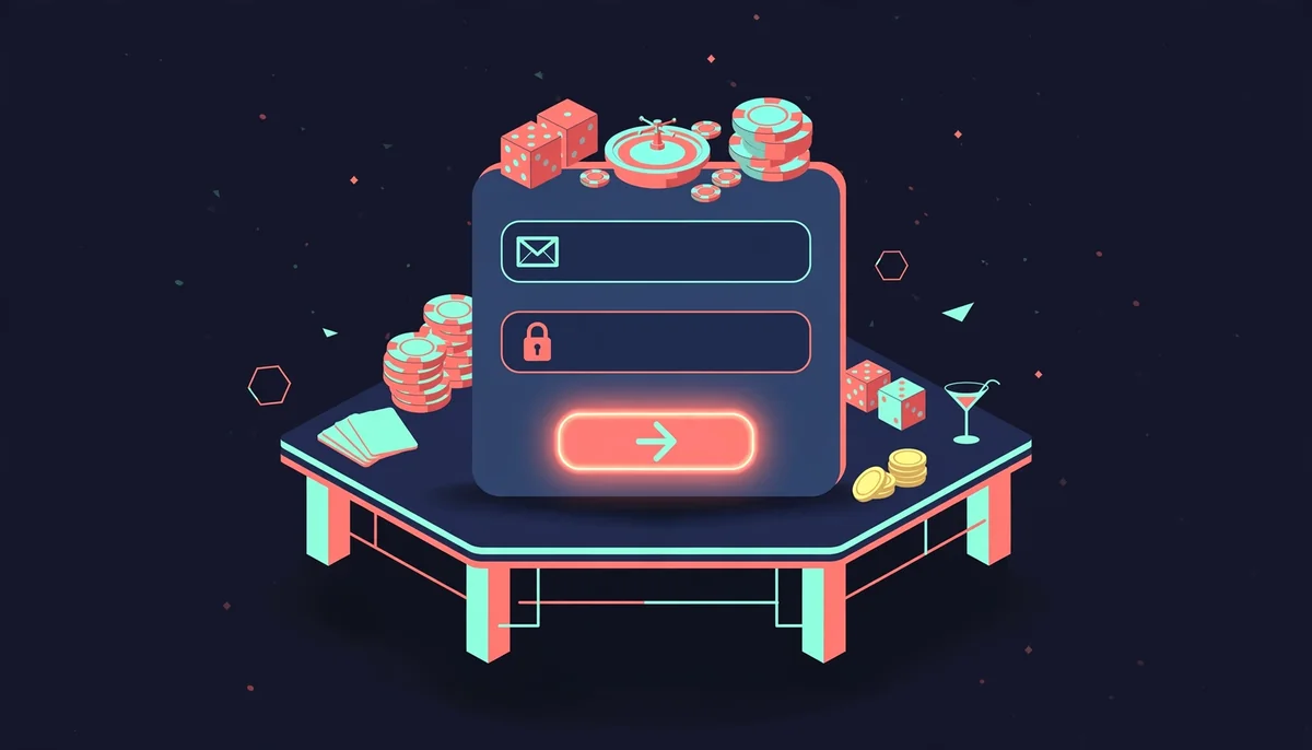 Isometric login screen with email and password fields